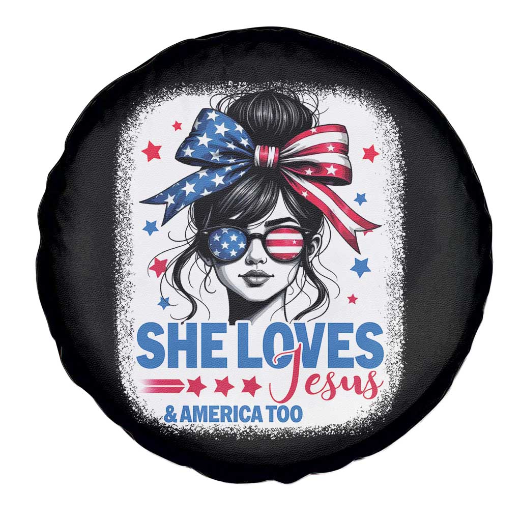 She Loves Jesus And America Too Spare Tire Cover Christian 4th of July Messy Bun Flag - Wonder Print Shop