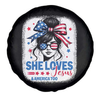 She Loves Jesus And America Too Spare Tire Cover Christian 4th of July Messy Bun Flag - Wonder Print Shop