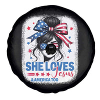 She Loves Jesus And America Too Spare Tire Cover Christian 4th of July Messy Bun Flag - Wonder Print Shop