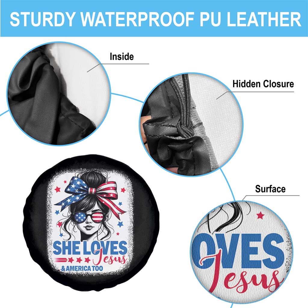 She Loves Jesus And America Too Spare Tire Cover Christian 4th of July Messy Bun Flag - Wonder Print Shop