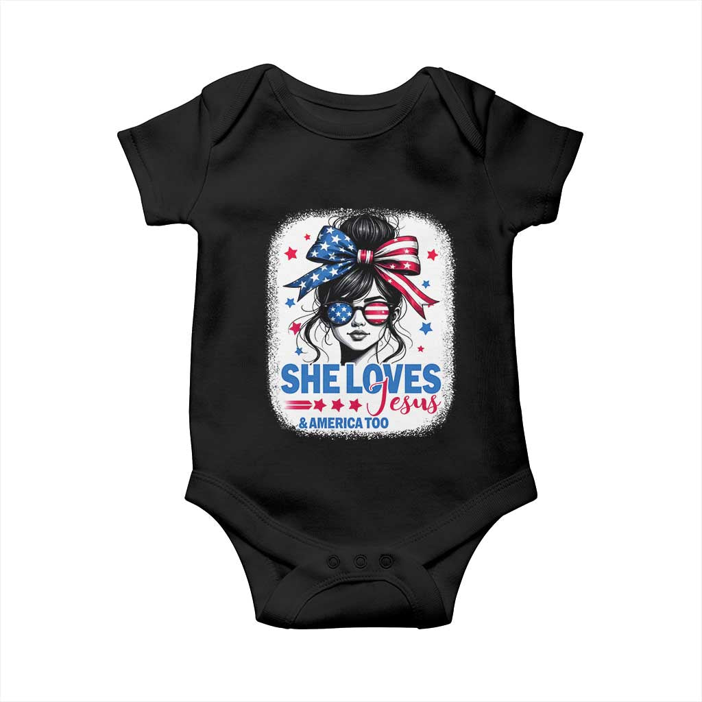 She Loves Jesus And America Too Baby Onesie Christian 4th of July Messy Bun Flag - Wonder Print Shop