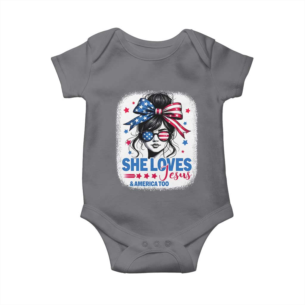 She Loves Jesus And America Too Baby Onesie Christian 4th of July Messy Bun Flag - Wonder Print Shop