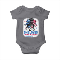 She Loves Jesus And America Too Baby Onesie Christian 4th of July Messy Bun Flag - Wonder Print Shop