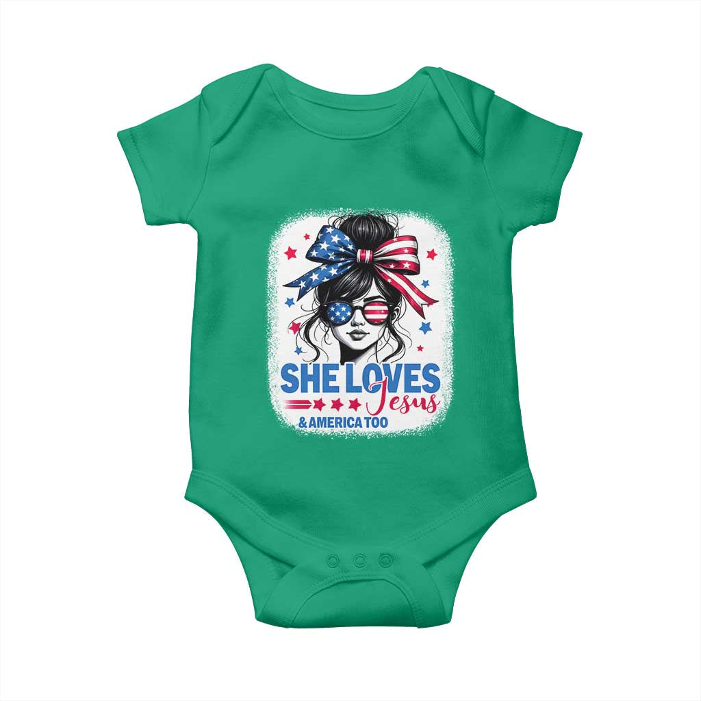 She Loves Jesus And America Too Baby Onesie Christian 4th of July Messy Bun Flag - Wonder Print Shop