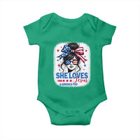She Loves Jesus And America Too Baby Onesie Christian 4th of July Messy Bun Flag - Wonder Print Shop