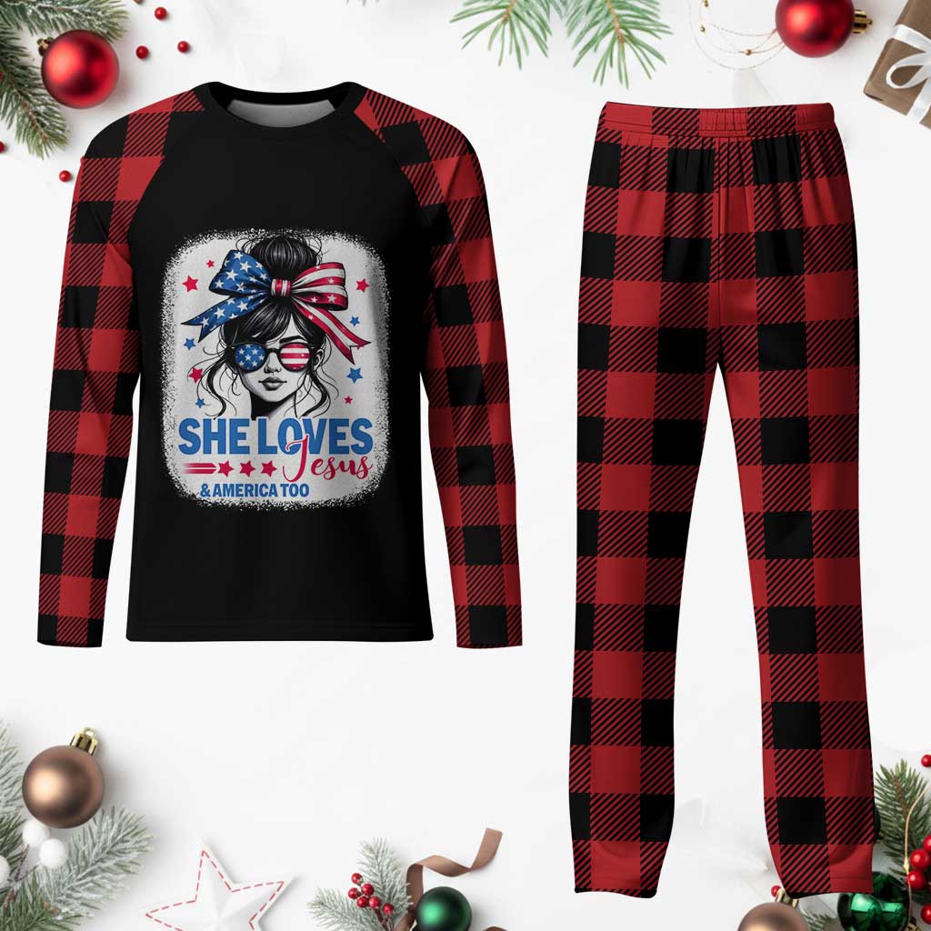 She Loves Jesus And America Too Plaid Pajama Set Christian 4th of July Messy Bun Flag - Wonder Print Shop