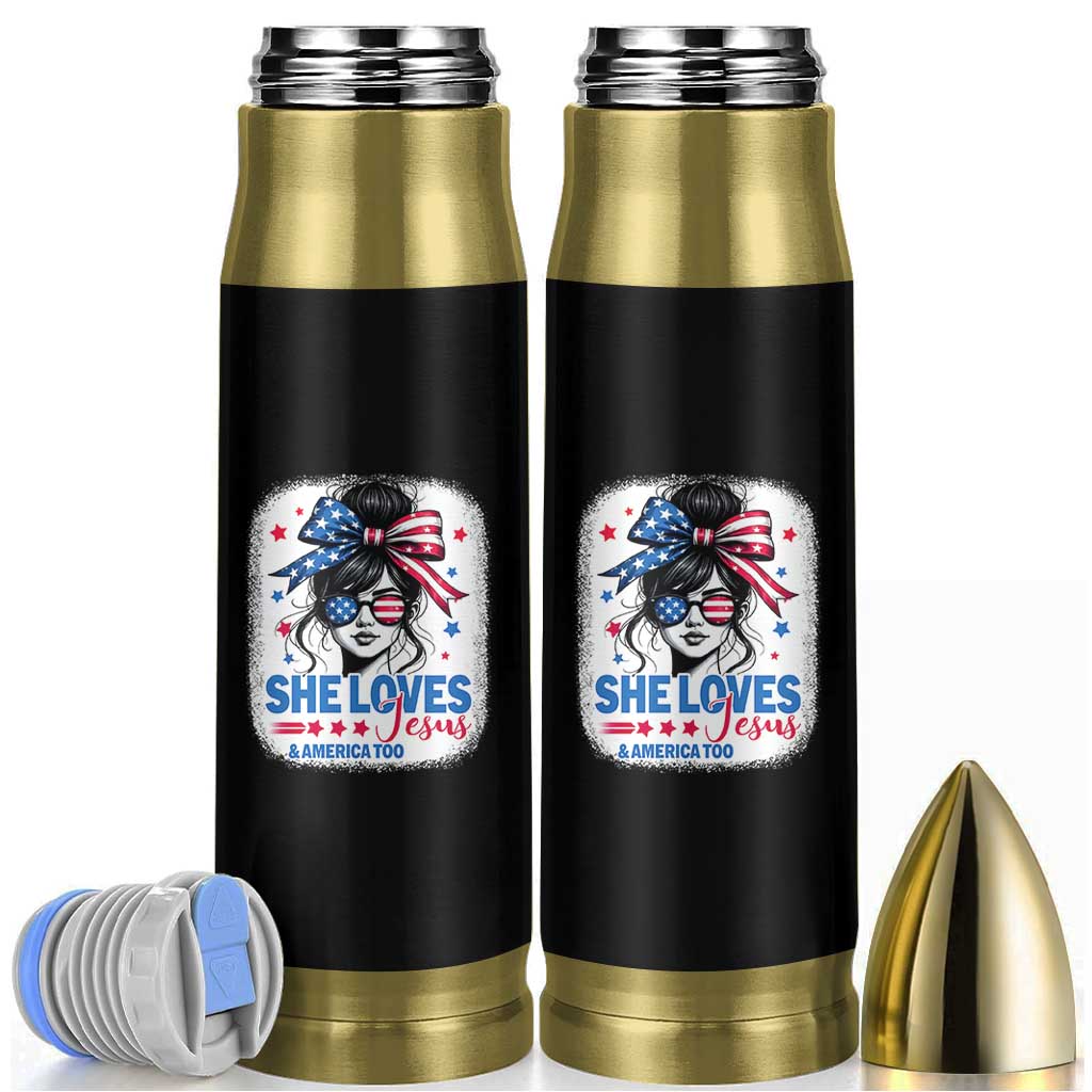 She Loves Jesus And America Too Bullet Tumbler Christian 4th of July Messy Bun Flag - Wonder Print Shop