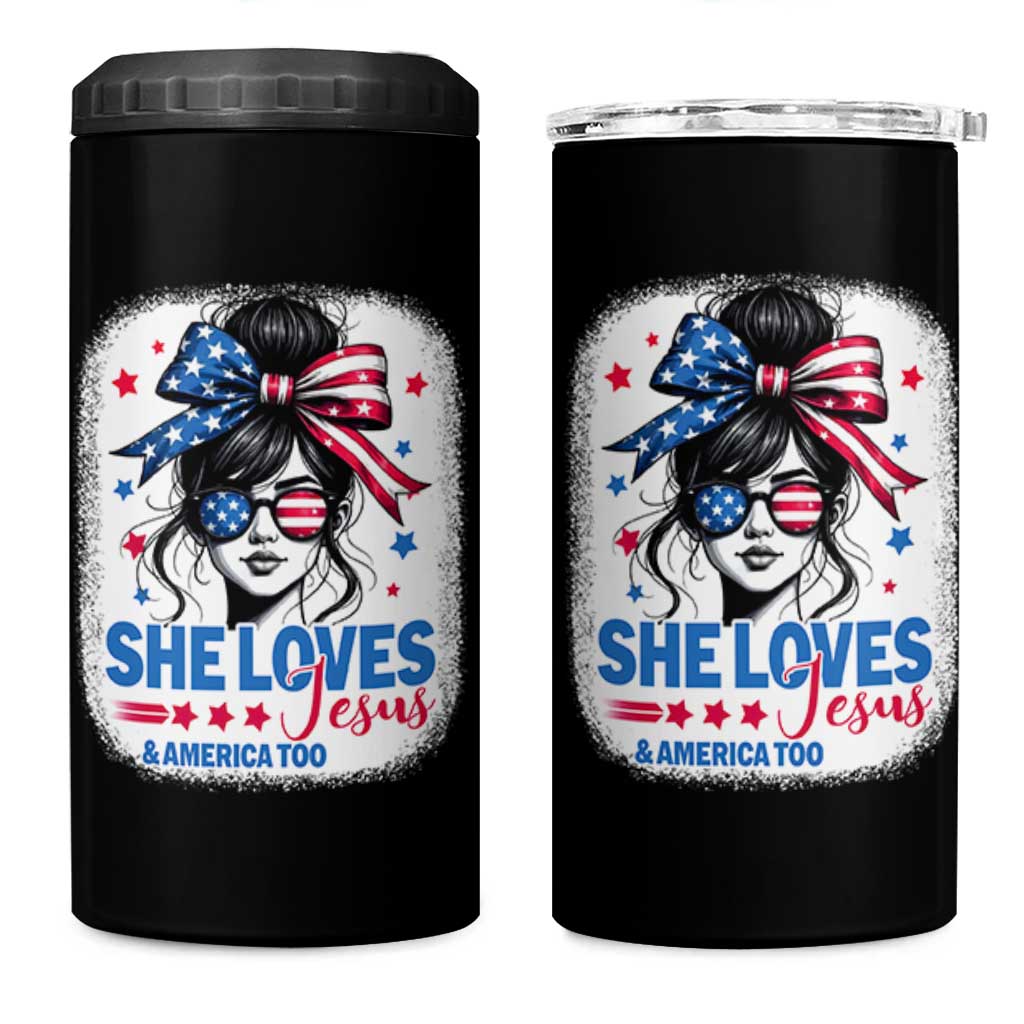 She Loves Jesus And America Too 4 in 1 Can Cooler Tumbler Christian 4th of July Messy Bun Flag - Wonder Print Shop