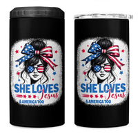 She Loves Jesus And America Too 4 in 1 Can Cooler Tumbler Christian 4th of July Messy Bun Flag - Wonder Print Shop