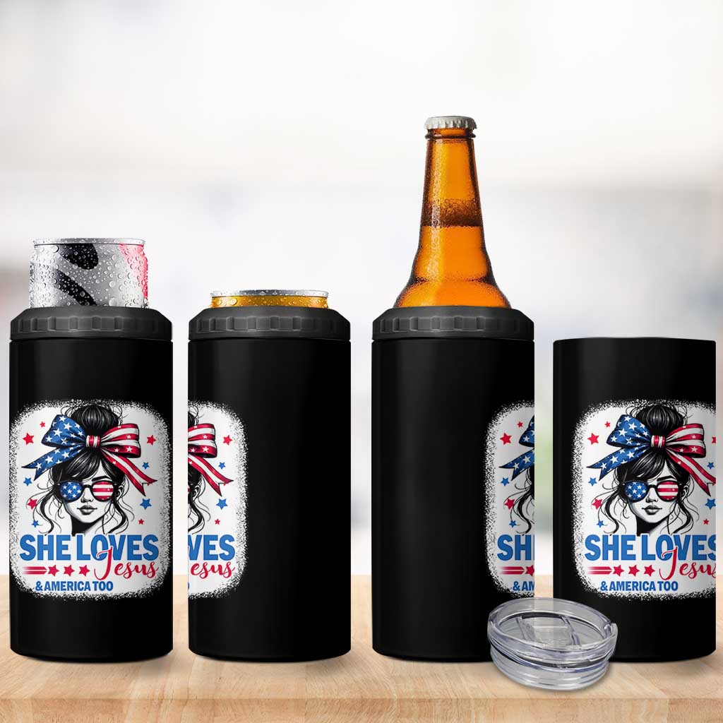 She Loves Jesus And America Too 4 in 1 Can Cooler Tumbler Christian 4th of July Messy Bun Flag - Wonder Print Shop