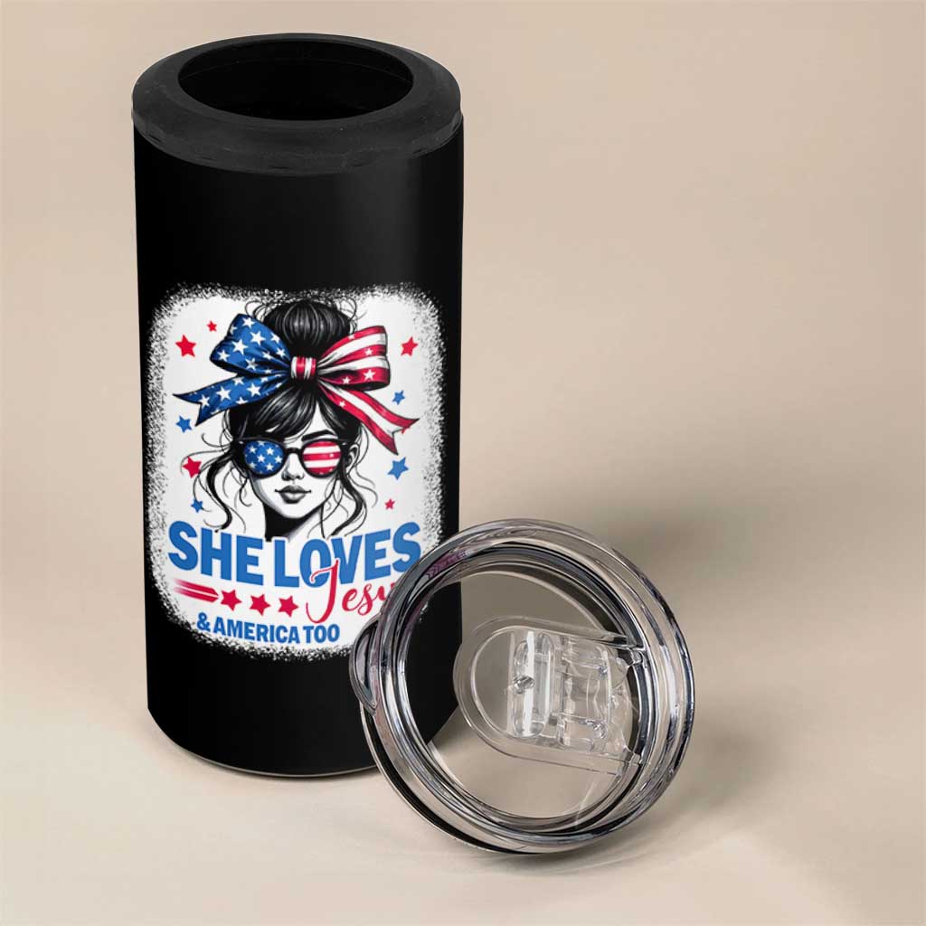 She Loves Jesus And America Too 4 in 1 Can Cooler Tumbler Christian 4th of July Messy Bun Flag - Wonder Print Shop