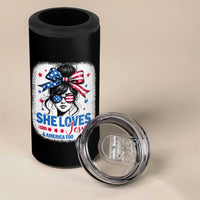 She Loves Jesus And America Too 4 in 1 Can Cooler Tumbler Christian 4th of July Messy Bun Flag - Wonder Print Shop