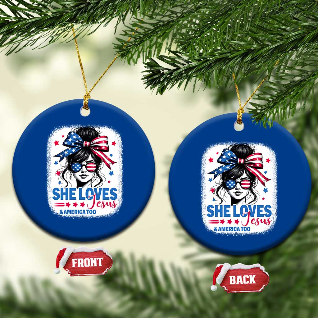 She Loves Jesus And America Too Ceramic Ornament Christian 4th of July Messy Bun Flag - Wonder Print Shop