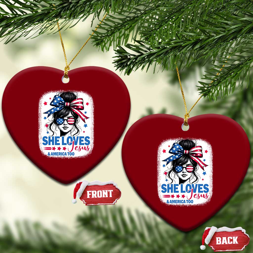 She Loves Jesus And America Too Ceramic Ornament Christian 4th of July Messy Bun Flag - Wonder Print Shop