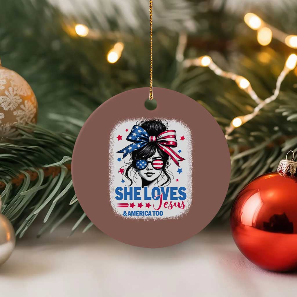 She Loves Jesus And America Too Ceramic Ornament Christian 4th of July Messy Bun Flag - Wonder Print Shop