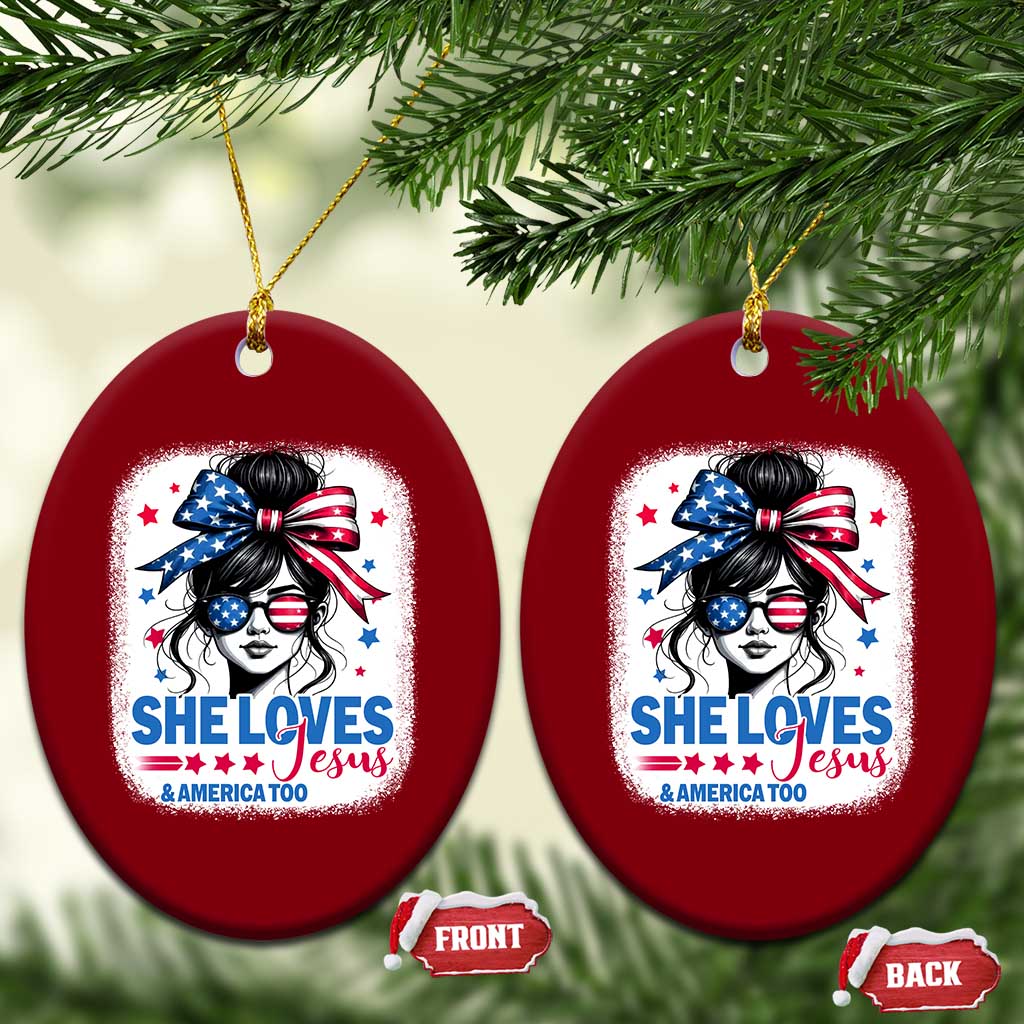 She Loves Jesus And America Too Ceramic Ornament Christian 4th of July Messy Bun Flag - Wonder Print Shop