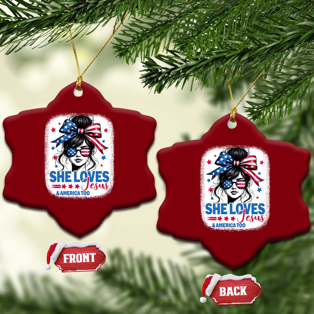 She Loves Jesus And America Too Ceramic Ornament Christian 4th of July Messy Bun Flag - Wonder Print Shop