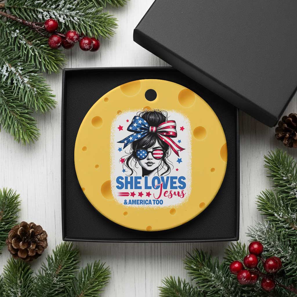 She Loves Jesus And America Too Ceramic Ornament Christian 4th of July Messy Bun Flag - Wonder Print Shop