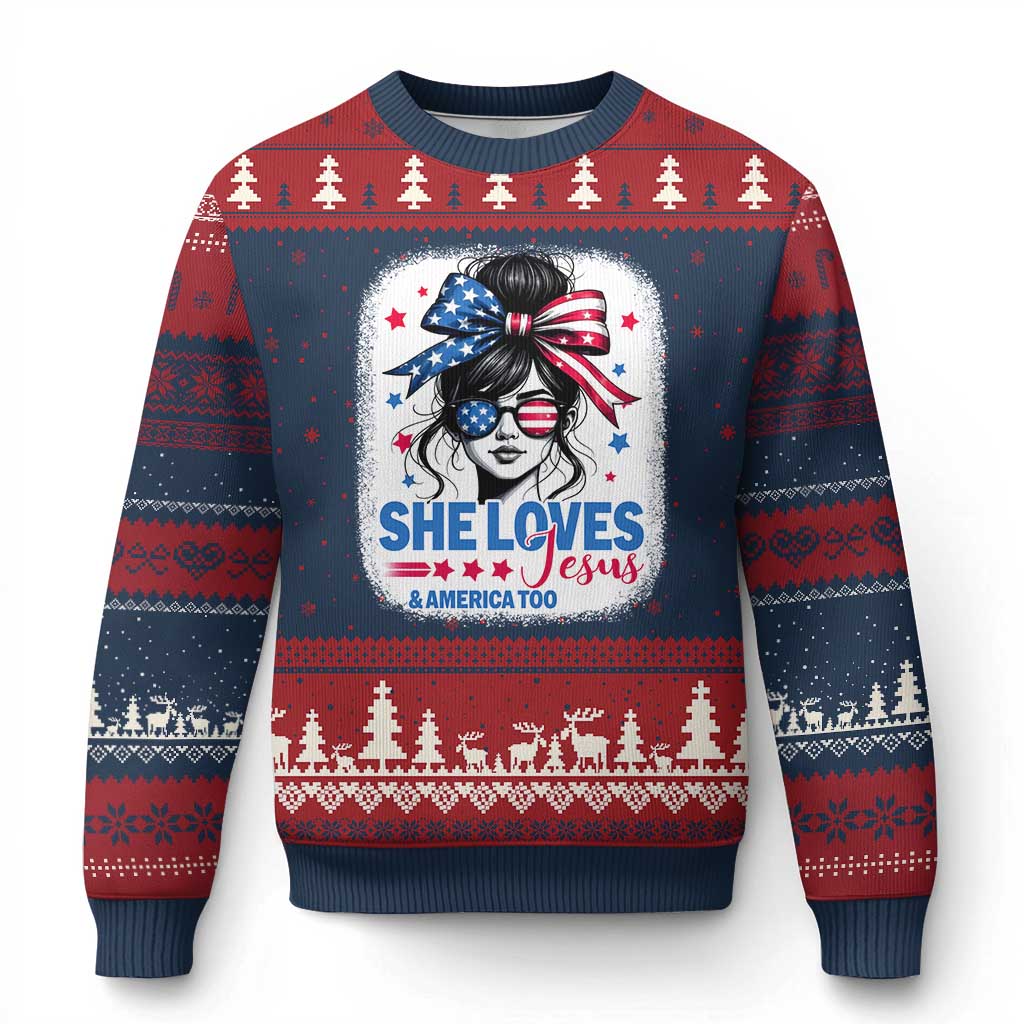 She Loves Jesus And America Too Ugly Christmas Sweater Christian 4th of July Messy Bun Flag - Wonder Print Shop