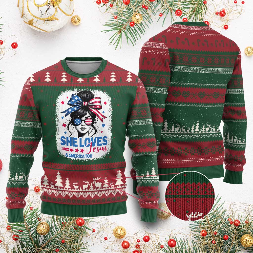 She Loves Jesus And America Too Ugly Christmas Sweater Christian 4th of July Messy Bun Flag - Wonder Print Shop