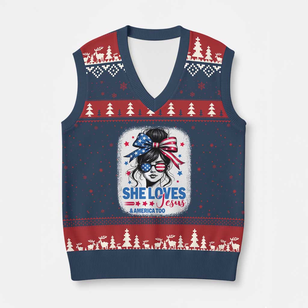 She Loves Jesus And America Too V-Neck Knit Sweater Vest Christian 4th of July Messy Bun Flag - Wonder Print Shop