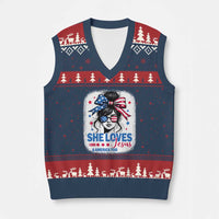 She Loves Jesus And America Too V-Neck Knit Sweater Vest Christian 4th of July Messy Bun Flag - Wonder Print Shop