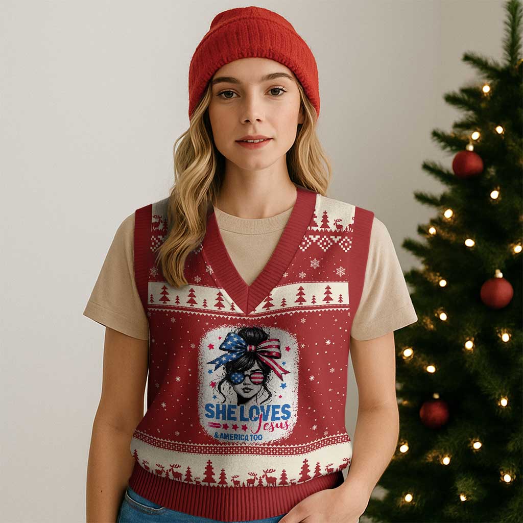 She Loves Jesus And America Too V-Neck Knit Sweater Vest Christian 4th of July Messy Bun Flag - Wonder Print Shop