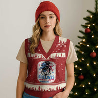 She Loves Jesus And America Too V-Neck Knit Sweater Vest Christian 4th of July Messy Bun Flag - Wonder Print Shop