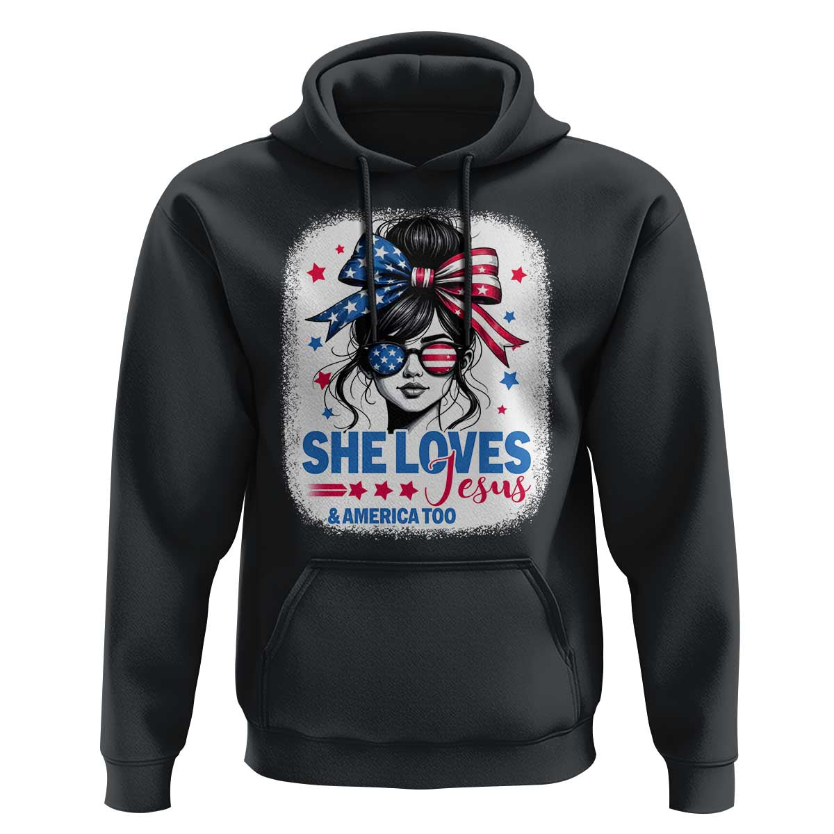 She Loves Jesus And America Too Hoodie Christian 4th of July Messy Bun Flag - Wonder Print Shop