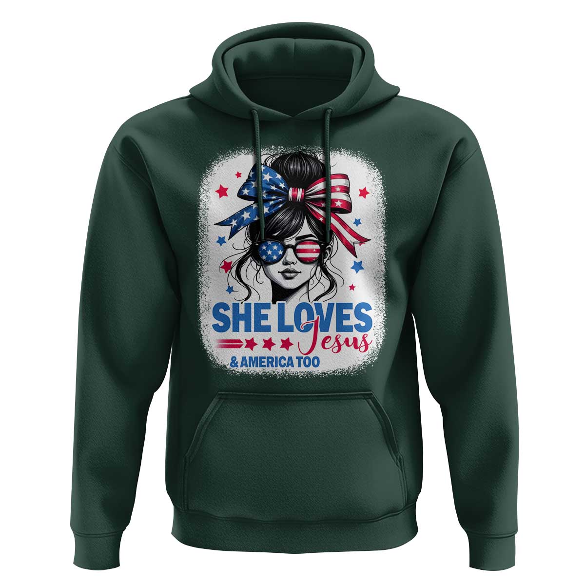 She Loves Jesus And America Too Hoodie Christian 4th of July Messy Bun Flag - Wonder Print Shop