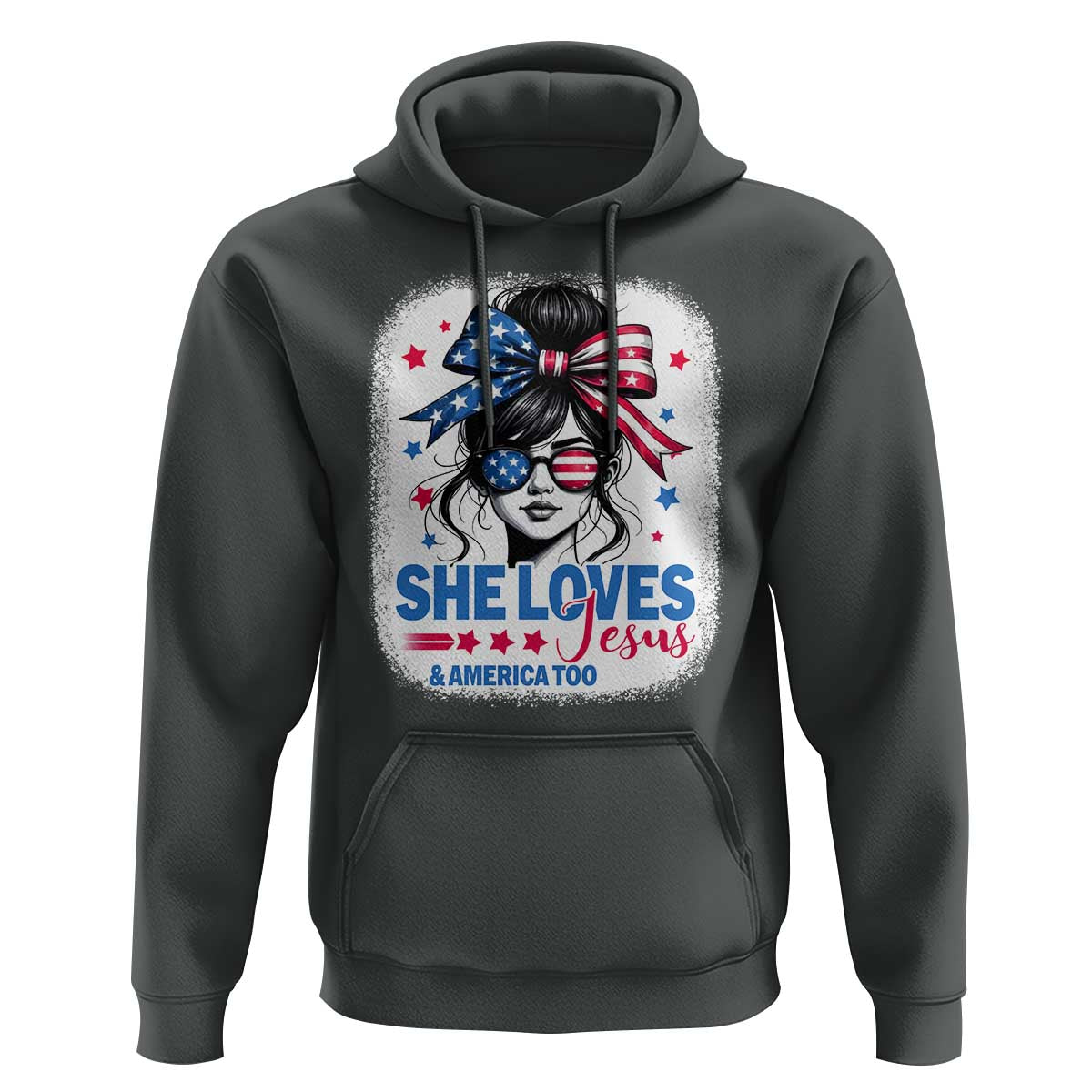 She Loves Jesus And America Too Hoodie Christian 4th of July Messy Bun Flag - Wonder Print Shop