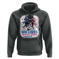 She Loves Jesus And America Too Hoodie Christian 4th of July Messy Bun Flag - Wonder Print Shop