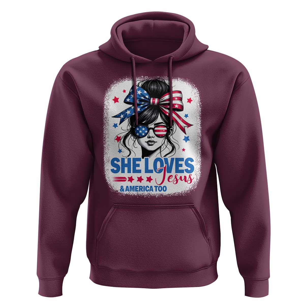She Loves Jesus And America Too Hoodie Christian 4th of July Messy Bun Flag - Wonder Print Shop