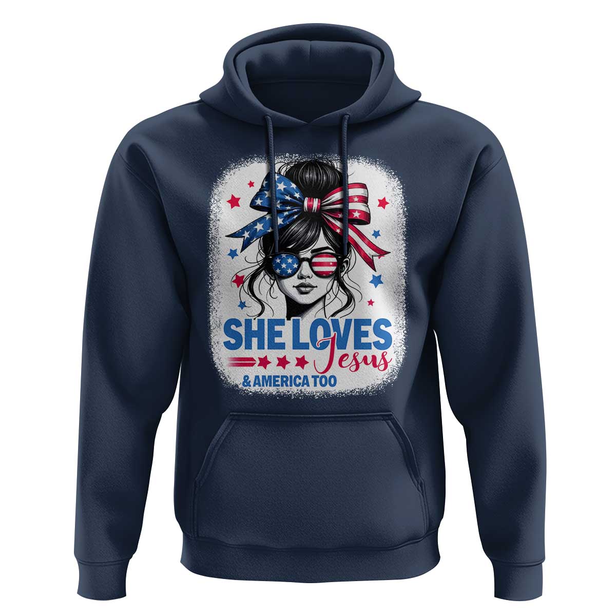 She Loves Jesus And America Too Hoodie Christian 4th of July Messy Bun Flag - Wonder Print Shop
