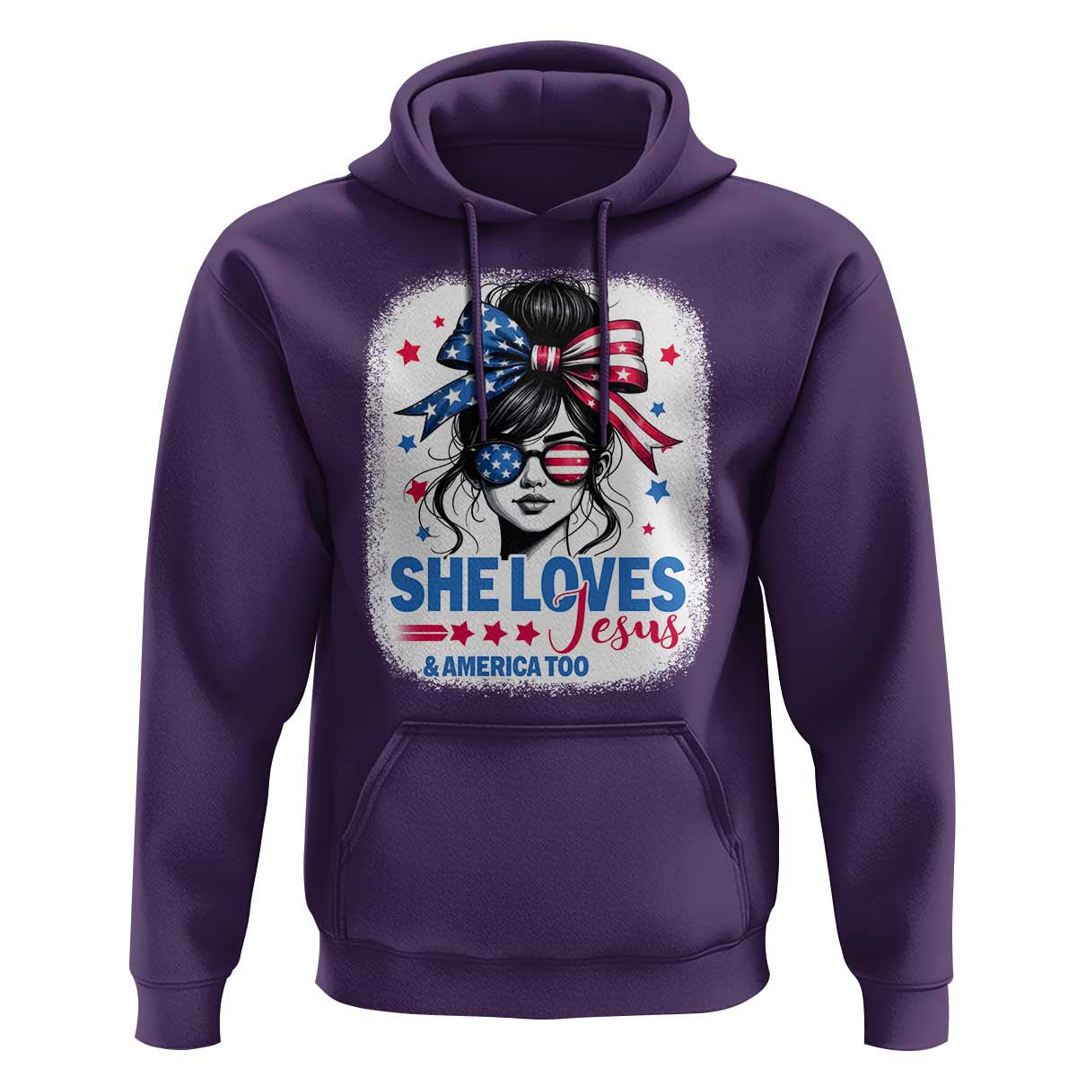 She Loves Jesus And America Too Hoodie Christian 4th of July Messy Bun Flag - Wonder Print Shop