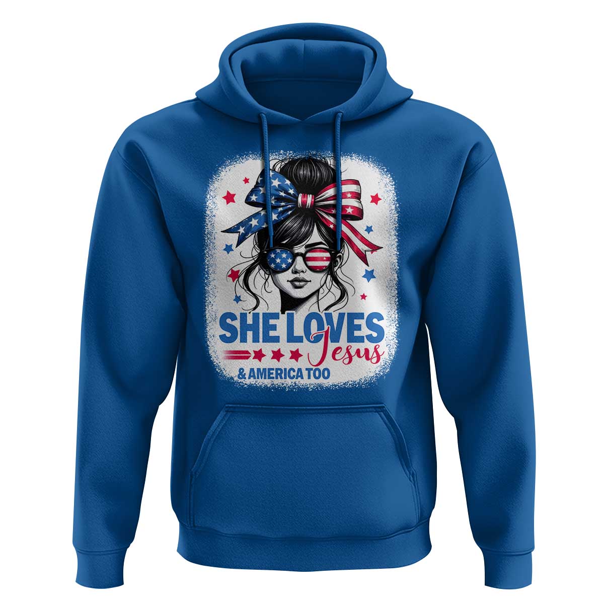 She Loves Jesus And America Too Hoodie Christian 4th of July Messy Bun Flag - Wonder Print Shop