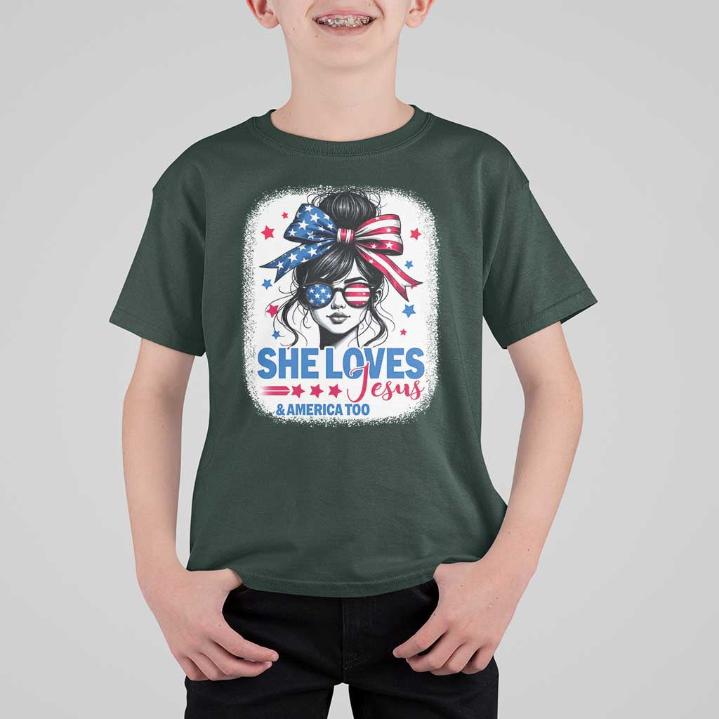 She Loves Jesus And America Too T Shirt For Kid Christian 4th of July Messy Bun Flag - Wonder Print Shop