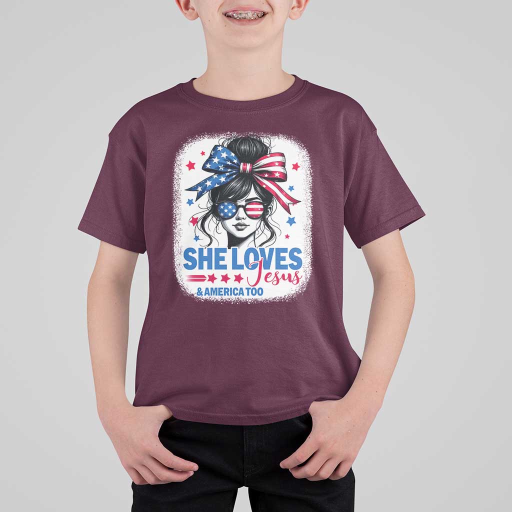 She Loves Jesus And America Too T Shirt For Kid Christian 4th of July Messy Bun Flag - Wonder Print Shop