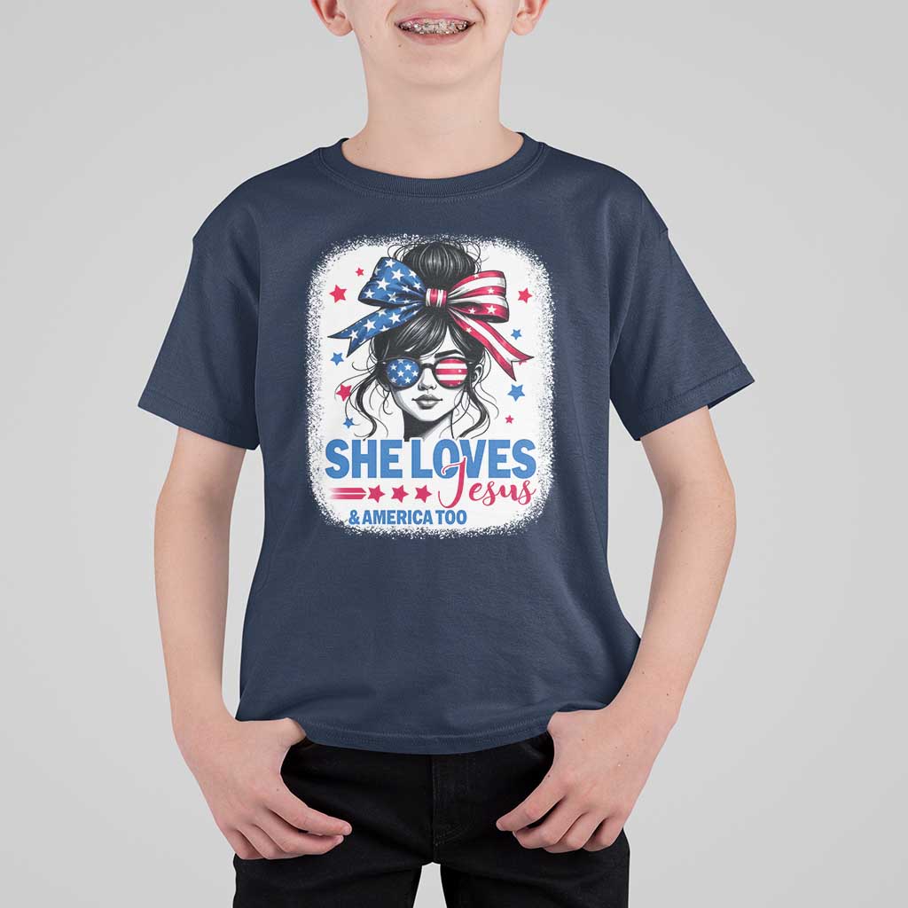 She Loves Jesus And America Too T Shirt For Kid Christian 4th of July Messy Bun Flag - Wonder Print Shop