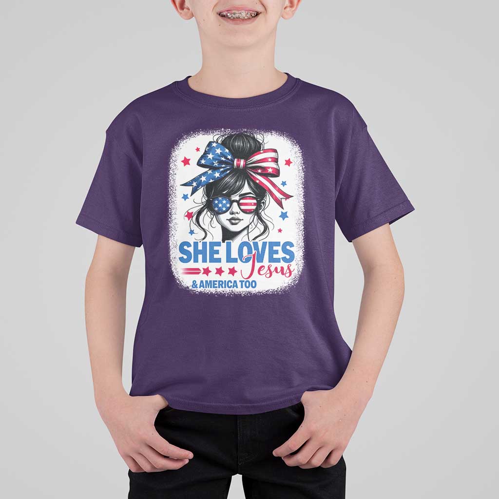She Loves Jesus And America Too T Shirt For Kid Christian 4th of July Messy Bun Flag - Wonder Print Shop