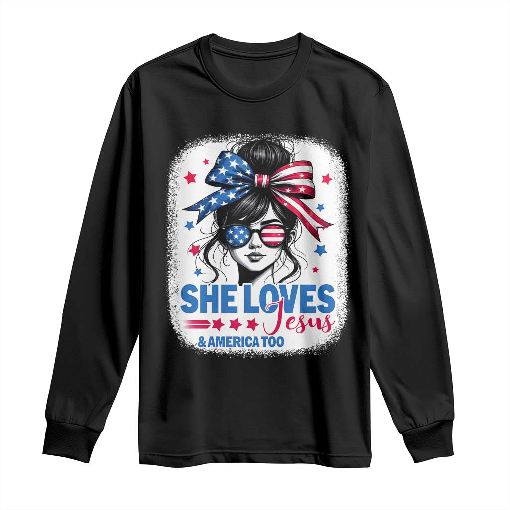 She Loves Jesus And America Too Long Sleeve Shirt Christian 4th of July Messy Bun Flag - Wonder Print Shop