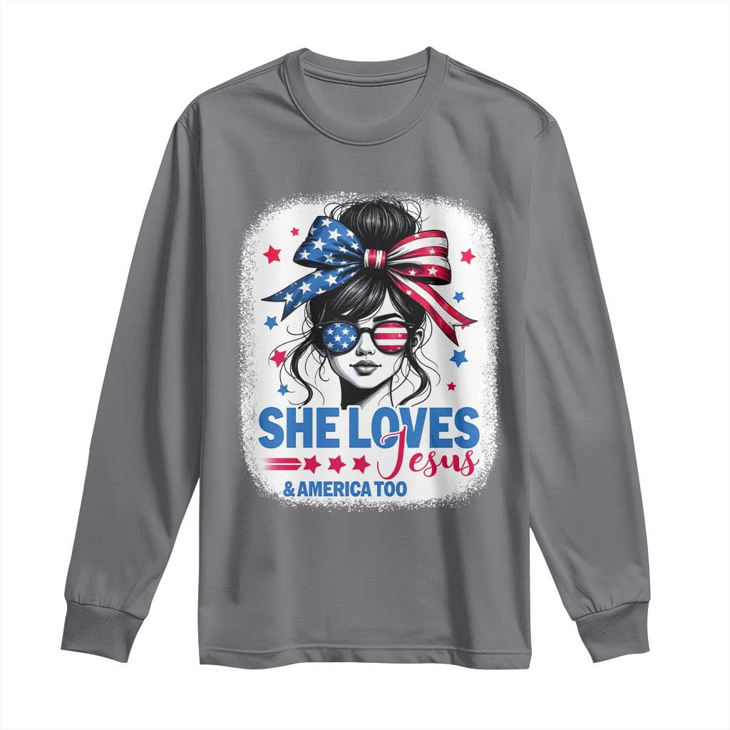 She Loves Jesus And America Too Long Sleeve Shirt Christian 4th of July Messy Bun Flag - Wonder Print Shop