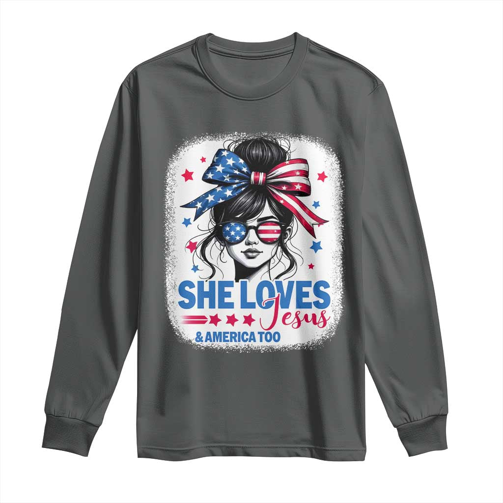 She Loves Jesus And America Too Long Sleeve Shirt Christian 4th of July Messy Bun Flag - Wonder Print Shop