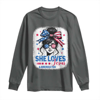 She Loves Jesus And America Too Long Sleeve Shirt Christian 4th of July Messy Bun Flag - Wonder Print Shop