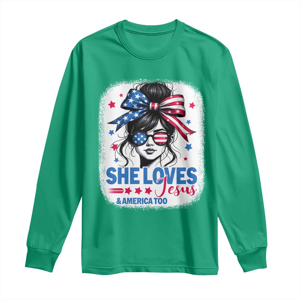 She Loves Jesus And America Too Long Sleeve Shirt Christian 4th of July Messy Bun Flag - Wonder Print Shop