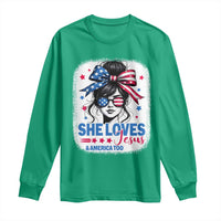 She Loves Jesus And America Too Long Sleeve Shirt Christian 4th of July Messy Bun Flag - Wonder Print Shop