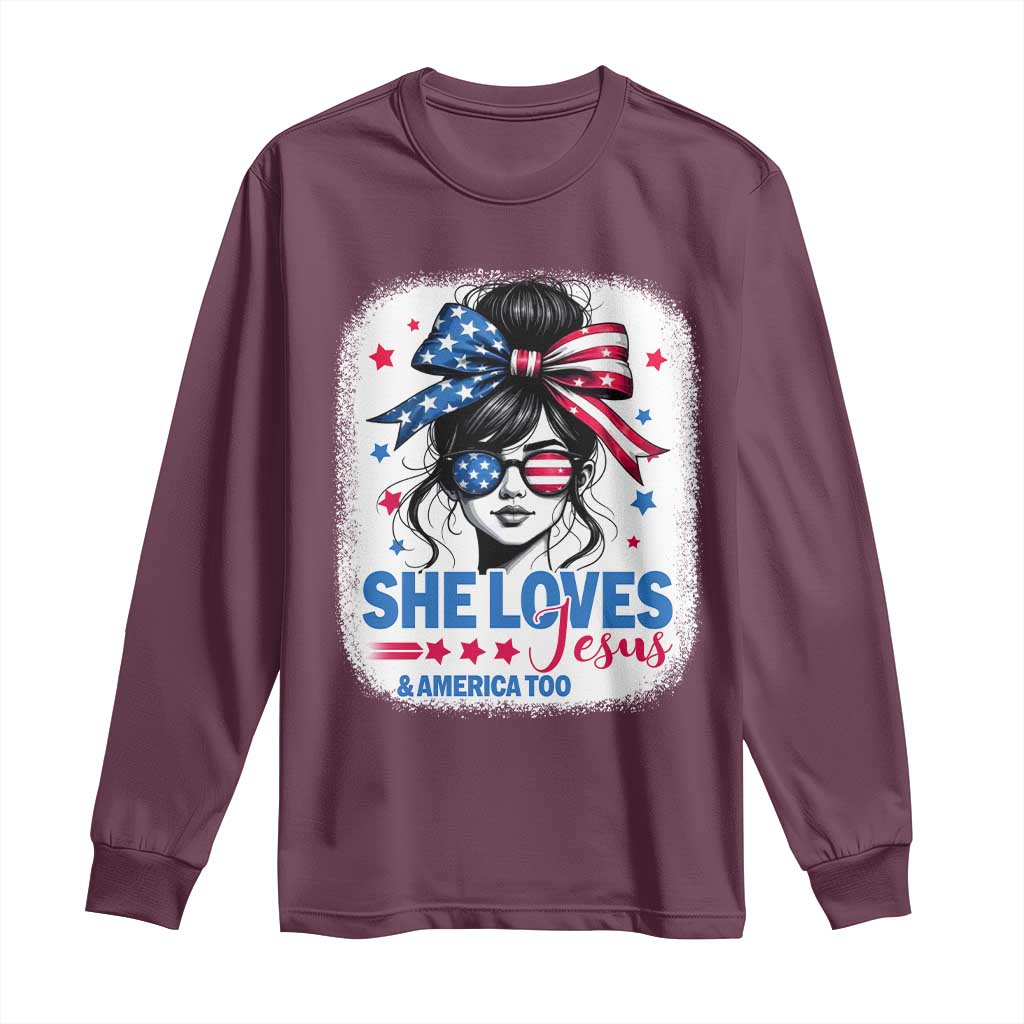 She Loves Jesus And America Too Long Sleeve Shirt Christian 4th of July Messy Bun Flag - Wonder Print Shop