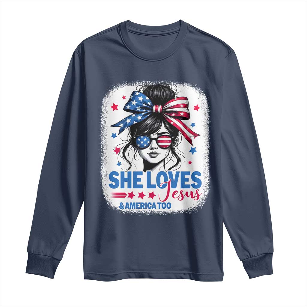 She Loves Jesus And America Too Long Sleeve Shirt Christian 4th of July Messy Bun Flag - Wonder Print Shop