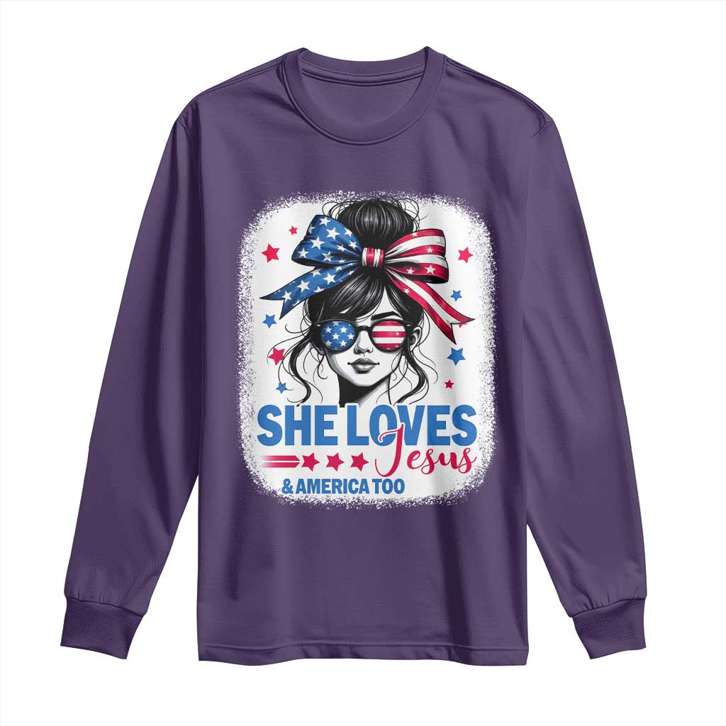 She Loves Jesus And America Too Long Sleeve Shirt Christian 4th of July Messy Bun Flag - Wonder Print Shop