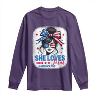 She Loves Jesus And America Too Long Sleeve Shirt Christian 4th of July Messy Bun Flag - Wonder Print Shop